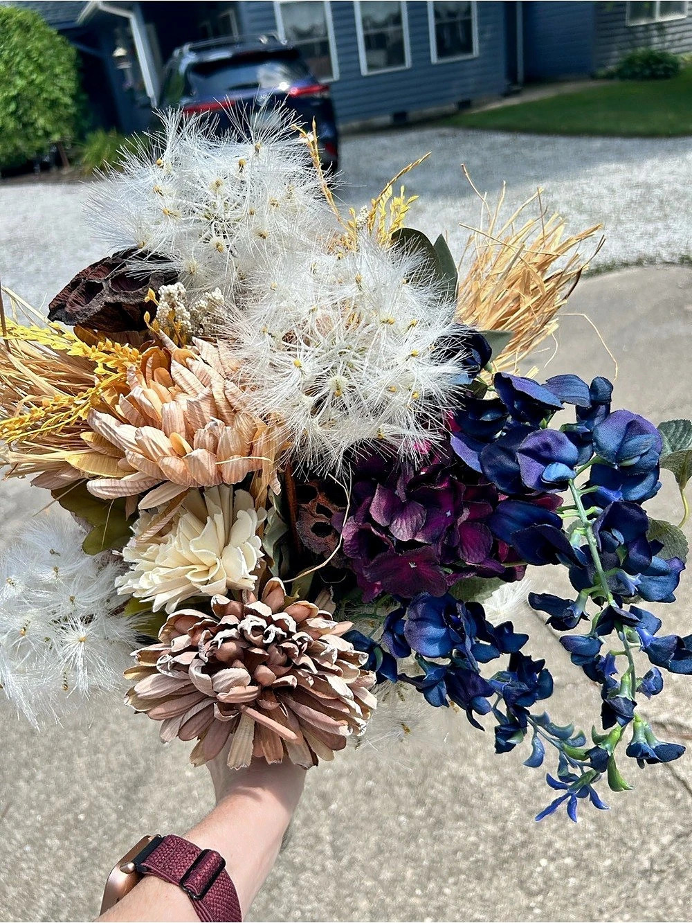 Faux Floral Bouquet in White & Blue